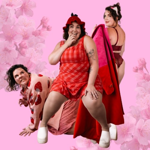 A delicate pink floral background with 3 photos of courtney over the top, smiling sweetly in a checkered dress, on the ground with a tiger-esque expression and looking over her shoulder in lingere