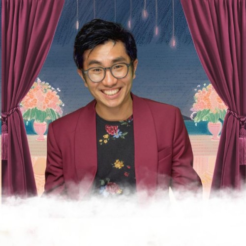 Chan Lok Tim smiles widely at the camera. He has black hair and wears glasses. He has on a maroon blazer and a black t-shirt with flowers on it. Behind him is a cartoon background of a balcony with lots of vases of flowers looking out over the ocean. At the edges there are maroon curtains tied back. 