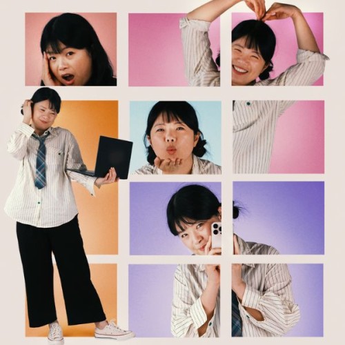 12 colourful squares (pink, orange purple) with different images of Annie in a business and shirt and tie poppping out, on the phone, on the computer, making a love heart 