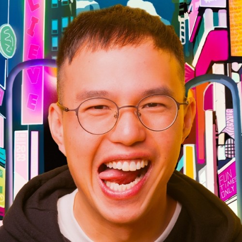 A close up of Henry yan with his tongue sticking out in front of a vibrant neon cartoon city scape