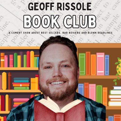 A close up photo of Geoff Rissole in front of a cartoon book shelf. Text Reads Geoff Rissole Book Club 