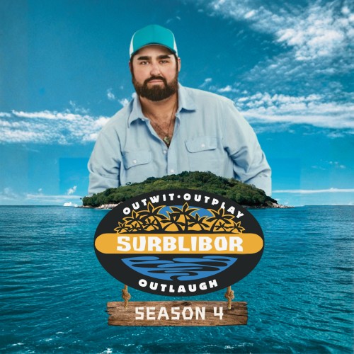 the torso of Rhys Matthewson in a blue shirt and cap is imposed above a background of a island in the middle of the ocean. There is a survivor-esque logo that reads Surblibor - outwit outplay outlaugh Season 4
