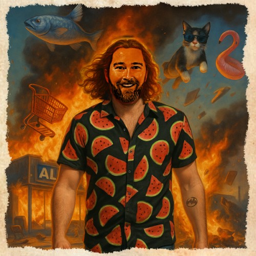 A digitalised photo fo Alan McElroy in profile wearing a watermelon shirrt with a cartoon image behind him, flames on a building, a flying shopping trolley, fish, cat, and inflatable flamingo