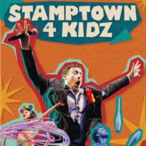 An orange scrapbook style image that reads 'stamptown for kidz' and has cut out images of stamptown performers - one hoola hooping, one holding microphones, one juggling. Comedy Fest logo in bottom corner