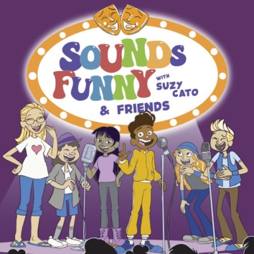 Cartoon of Suzy Cato and Friends laughing behind mics agaisnt a purple background. Text reads Sounds Funny with Suzy Cato and friends