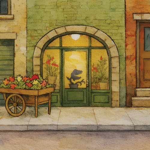 A cartoon image of a shop front with an shadow of a carnivorous plant, cute light colours, flower wheelbarrow out frontr