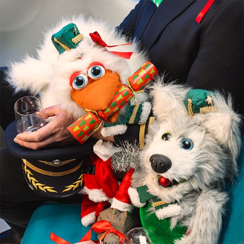 A picture of two puppets on blue aeroplane seats