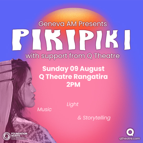 Geneva AM is photographed against a blue background with a pool of pink light shining over her. The word Pikipiki appears in a playful font above hear head.
