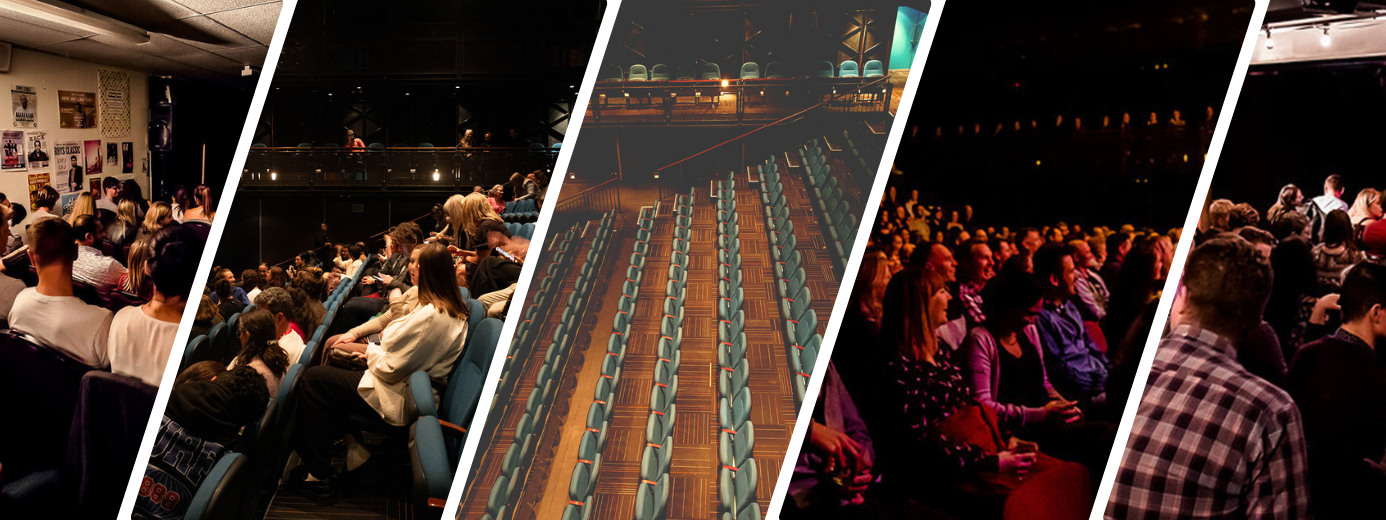 This image features a collage of five different audience settings in various event venues. The first panel shows a small, intimate venue with posters on the walls and an audience seated closely together. The second panel captures a mid-sized theater with blue seats, dim lighting, and people settling in. The third panel depicts an empty auditorium with rows of blue seats and a modern interior. The fourth panel highlights a warmly lit theater with a full audience, creating an engaging atmosphere. 