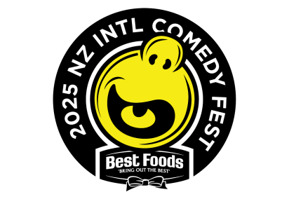 2025 NZ International Comedy Festival back and yellow logo in association with Best Foods