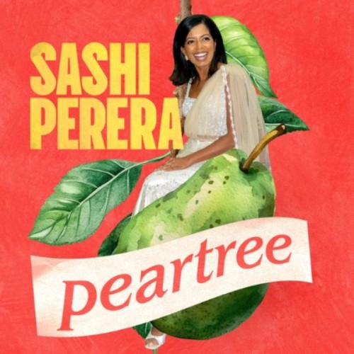 Red Background with an image of Sashi Perera sitting on a green pear surrounded by green leaves. Writing says Sashi Perera Peartree