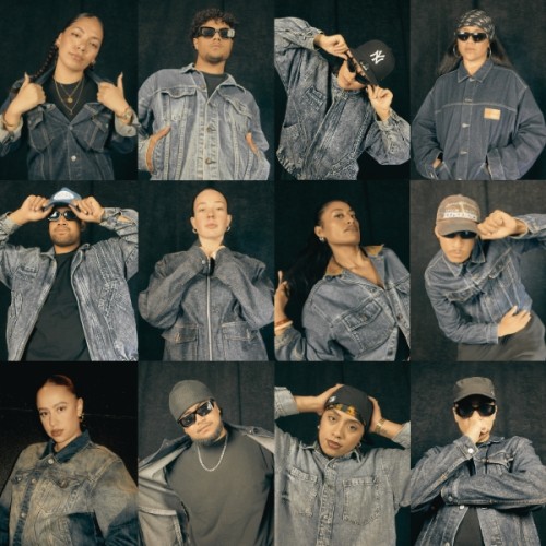 Several photographs of Beast dancers in denim jackets with a grafitti style writing in the middle reading beast