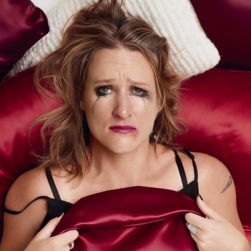 Photo of Vanessa Larry Mitchell on a bed with red satin sheets. Her pink lipstick is smudged. Her mascara has run, as if she has been crying.